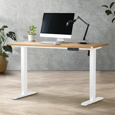 SD-LEG-140M-WH+DB-SLIM-14-OAK Oikiture Electric Standing Desk Single Motor White Frame 140CM Tabletop