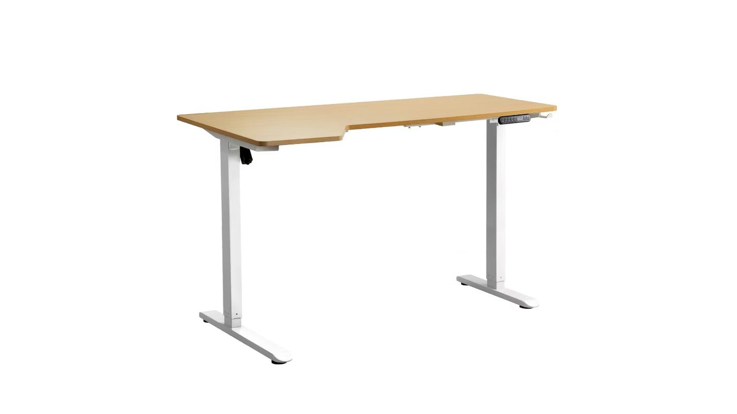 SD-LEG-L145M-WH+DB-SLIM-L145-OAK Oikiture L-shape Electric Standing Desk Single Motor White Frame Oak Top 145CM Desktop
