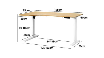 SD-LEG-L145M-WH+DB-SLIM-L145-OAK Oikiture L-shape Electric Standing Desk Single Motor White Frame Oak Top 145CM Desktop