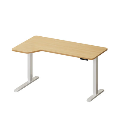 SD-LEG-L145M-WH+DB-SLIM-L145-OAK Oikiture L-shape Electric Standing Desk Single Motor White Frame Oak Top 145CM Desktop