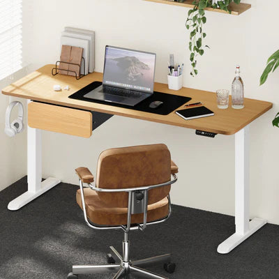 SD-LEG-M1-WH+DB-16-OAK+DB-DRAW-MTL-OAK Oikiture 160cm Electric Standing Desk w/ Drawer Motorised Adjustable Oak White
