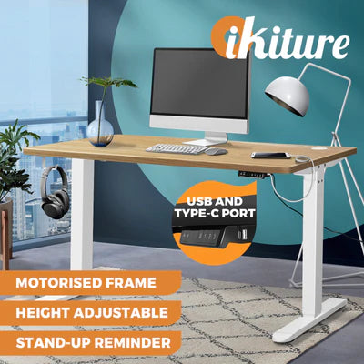SD-LEG-M1-WH+DB-12-OAK Oikiture Electric Standing Desk Motorised Height Adjustable Sit Stand Table