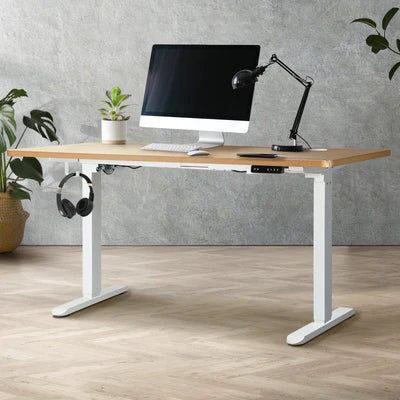 SD-LEG-M2-WH+DB-16-OAK Oikiture Electric Standing Desk Motorised Height Adjustable Office Desk USB Port
