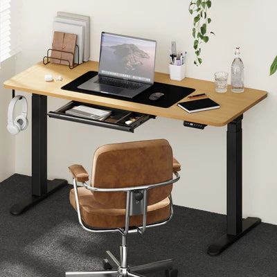SD-LEG-M2-BK+DB-15-OAK+DB-DRAW-PLS-BK Oikiture 150cm Electric Standing Desk with Drawer Height Adjustable Black Oak