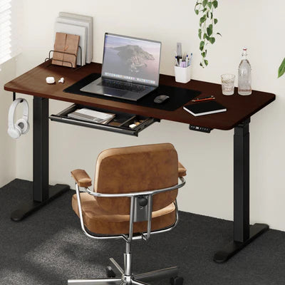 SD-LEG-M2-BK+DB-16-WN+DB-DRAW-PLS-BK Oikiture 160cm Electric Standing Desk with Drawer Height Adjustable Black Walnut