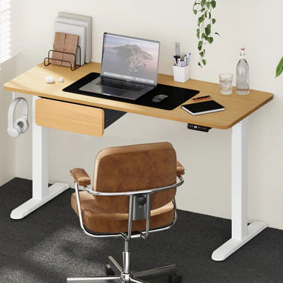 SD-LEG-M2-WH+DB-15-OAK+DB-DRAW-MTL-OAK Oikiture 150cm Electric Standing Desk Dual Motor Drawer Adjustable Oak White