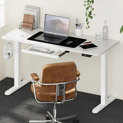 SD-LEG-M2-WH+DB-14-WH+DB-DRAW-PLS-WH Oikiture 140cm Electric Standing Desk with Drawer Height Adjustable White