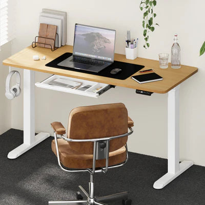 SD-LEG-M2-WH+DB-15-OAK+DB-DRAW-PLS-WH Oikiture 150cm Electric Standing Desk with Drawer Height Adjustable White Oak