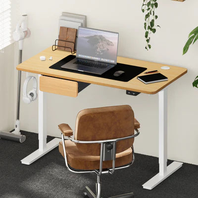 SD-LEG-S1-WH+DB-15-OAK+DB-DRAW-MTL-OAK Oikiture 150cm Electric Standing Desk w/ Drawer Motorised Adjustable White Oak