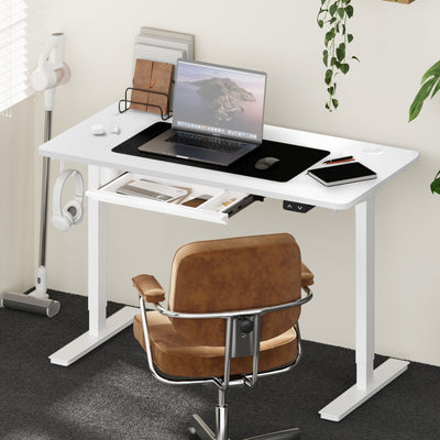 SD-LEG-S1-WH+DB-15-WH+DB-DRAW-PLS-WH Oikiture 150cm Electric Standing Desk with Drawer Height Adjustable White