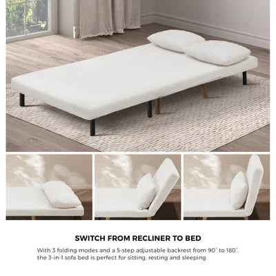 SFB-ES-HARA-M-SP-WH Oikiture Sofa Bed Lounge Chair Sherpa Fabric Recliner Wood Leg Double Seat White