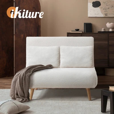 SFB-ES-HARA-M-SP-WH Oikiture Sofa Bed Lounge Chair Sherpa Fabric Recliner Wood Leg Double Seat White