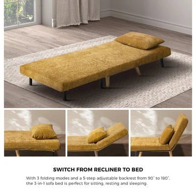 SFB-ES-HARA-S-YE Oikiture Sofa Bed Lounge Chair Chenille Recliner Wooden Legs Single Seat Yellow