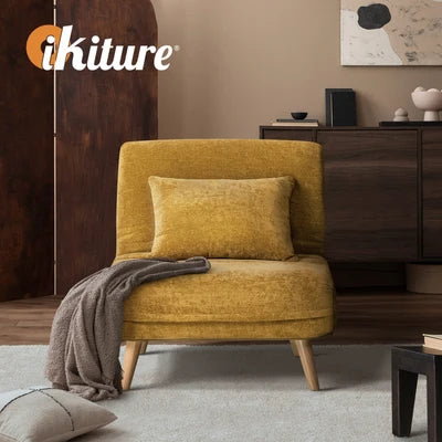 SFB-ES-HARA-S-YE Oikiture Sofa Bed Lounge Chair Chenille Recliner Wooden Legs Single Seat Yellow