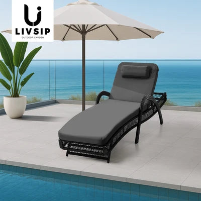 SL-FURA-GY Livsip Sun Lounge Wicker Lounger Day Bed Outdoor Patio Furniture Grey