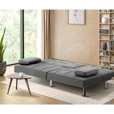 SOF-APPO-GY-AB Oikiture Sofa Bed Lounge 3 Seater Futon Couch Beds Recliner Cup Holder Fabric