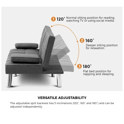SOF-APPO-GY-AB Oikiture Sofa Bed Lounge 3 Seater Futon Couch Beds Recliner Cup Holder Fabric