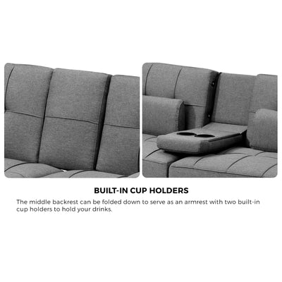 SOF-APPO-GY-AB Oikiture Sofa Bed Lounge 3 Seater Futon Couch Beds Recliner Cup Holder Fabric