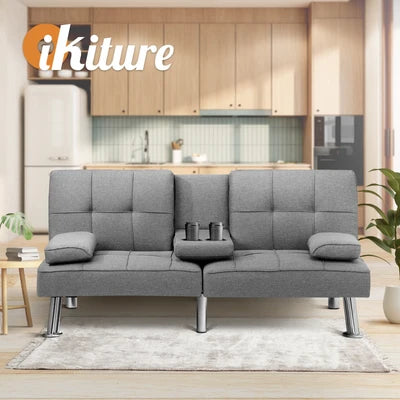 SOF-APPO-GY-AB Oikiture Sofa Bed Lounge 3 Seater Futon Couch Beds Recliner Cup Holder Fabric