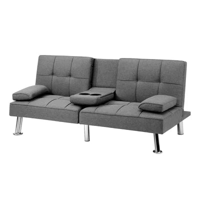 SOF-APPO-GY-AB Oikiture Sofa Bed Lounge 3 Seater Futon Couch Beds Recliner Cup Holder Fabric