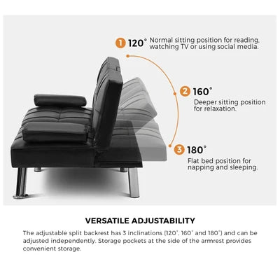 SOF-APPO-LEA-BK-AB Oikiture Sofa Bed Lounge Leather 3 Seater Futon Couch Beds Sofabeds Cup Holder