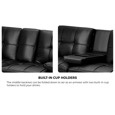 SOF-APPO-LEA-BK-AB Oikiture Sofa Bed Lounge Leather 3 Seater Futon Couch Beds Sofabeds Cup Holder