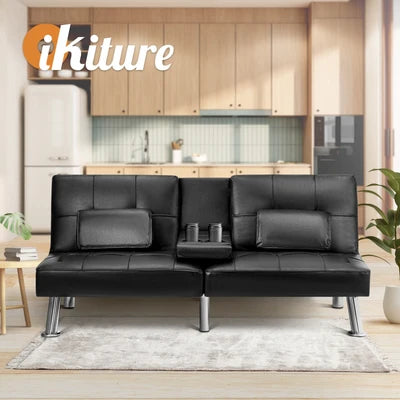 SOF-APPO-LEA-BK-AB Oikiture Sofa Bed Lounge Leather 3 Seater Futon Couch Beds Sofabeds Cup Holder