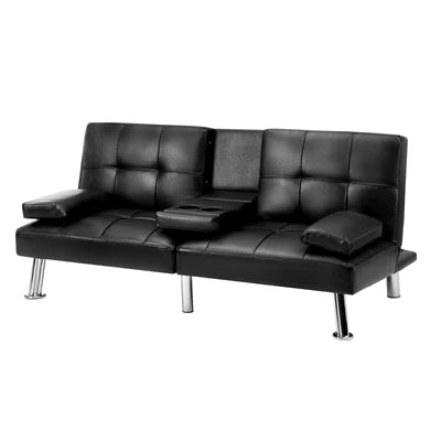 SOF-APPO-LEA-BK-AB Oikiture Sofa Bed Lounge Leather 3 Seater Futon Couch Beds Sofabeds Cup Holder