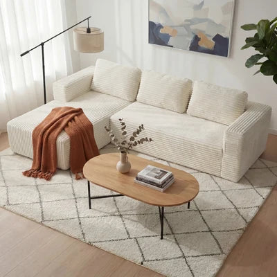SOF-KS-FAY-SPR-BG-AB Oikiture L Shape Compressed Sofa Cloud Couch Chaise Lounge Corduroy Beige