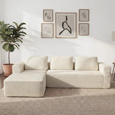 SOF-KS-FAY-SPR-BG-AB Oikiture L Shape Compressed Sofa Cloud Couch Chaise Lounge Corduroy Beige