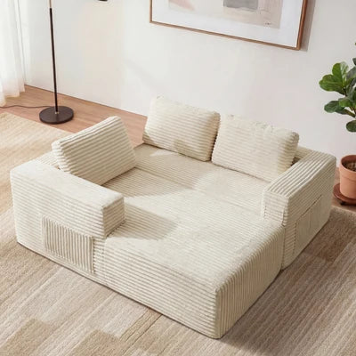 SOF-KS-FAY-SPR-BG-AB Oikiture L Shape Compressed Sofa Cloud Couch Chaise Lounge Corduroy Beige