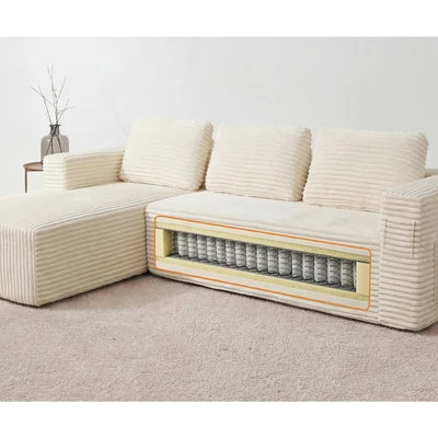 SOF-KS-FAY-SPR-BG-AB Oikiture L Shape Compressed Sofa Cloud Couch Chaise Lounge Corduroy Beige