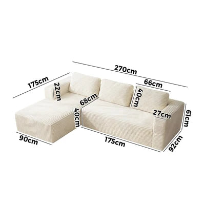 SOF-KS-FAY-SPR-BG-AB Oikiture L Shape Compressed Sofa Cloud Couch Chaise Lounge Corduroy Beige