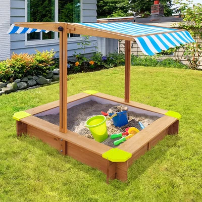 SPIT-CANOPY-WHBL Mazam Kids Sandpit Outdoor Toys Wooden Sandbox Beach Play Box Children Canopy
