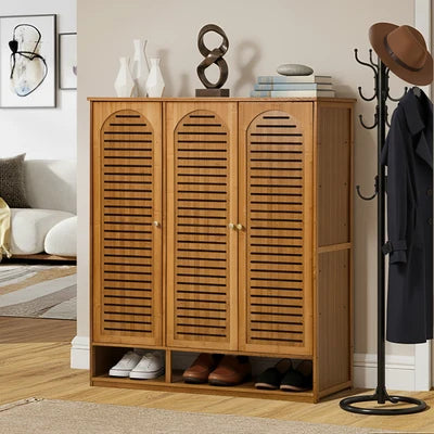 SS-BM-ARCH-3D-BR Oikiture Shoe Storage Cabinet 3 Doors Bamboo Shoe Organiser Shelf Brown