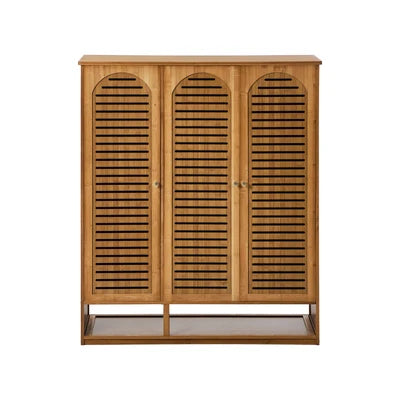 SS-BM-ARCH-3D-BR Oikiture Shoe Storage Cabinet 3 Doors Bamboo Shoe Organiser Shelf Brown