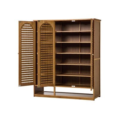 SS-BM-ARCH-3D-BR Oikiture Shoe Storage Cabinet 3 Doors Bamboo Shoe Organiser Shelf Brown