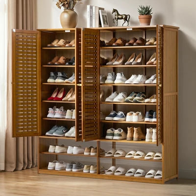 SS-BM-DUAL-4D-BR Oikiture Shoe Storage Cabinet 4 Doors Bamboo Organiser with 2 Bottom Shelf Brown