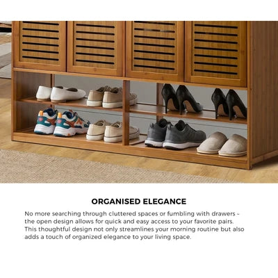 SS-BM-DUAL-4D-BR Oikiture Shoe Storage Cabinet 4 Doors Bamboo Organiser with 2 Bottom Shelf Brown