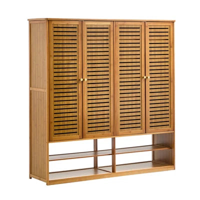 SS-BM-DUAL-4D-BR Oikiture Shoe Storage Cabinet 4 Doors Bamboo Organiser with 2 Bottom Shelf Brown