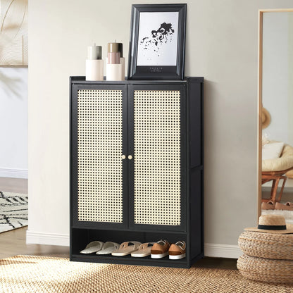 SS-BM-RTN-2D-BK Oikiture Shoe Storage Cabinet 2 Doors Rattan Black