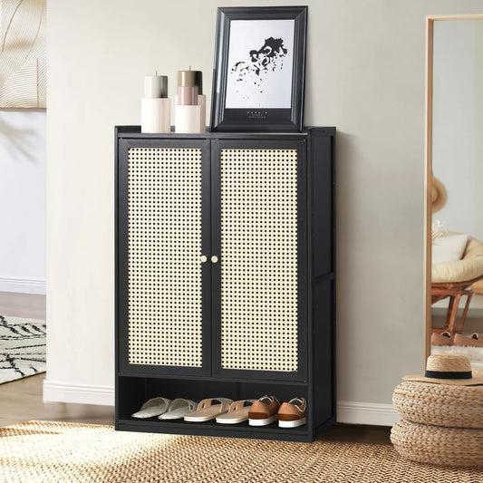 SS-BM-RTN-2D-BK Oikiture Shoe Storage Cabinet 2 Doors Rattan Black