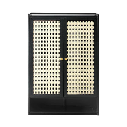 SS-BM-RTN-2D-BK Oikiture Shoe Storage Cabinet 2 Doors Rattan Black