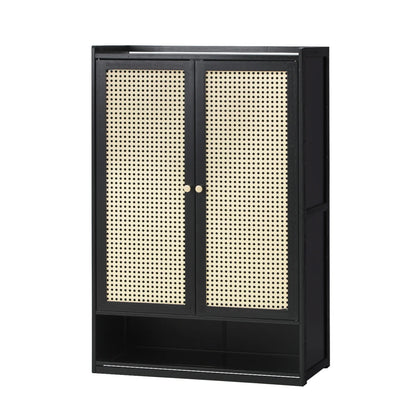 SS-BM-RTN-2D-BK Oikiture Shoe Storage Cabinet 2 Doors Rattan Black