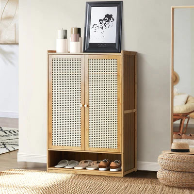 SS-BM-RTN-2D-WD Oikiture Shoe Storage Cabinet Shoes Rack Organiser Shelf 2 Doors Rattan Brown