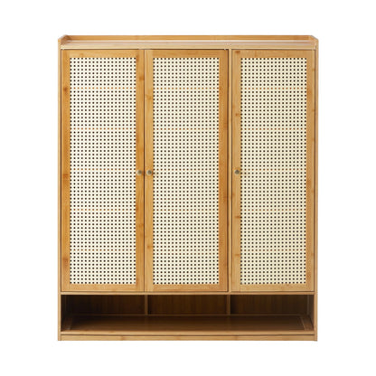 SS-BM-RTN-3D-WD Oikiture Brand New Shoe Cabinet with 3 Rattan Doors 6 Shelves