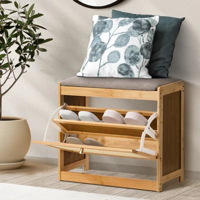 SS-BN-BM-F5-WD Oikiture Shoe Storage Bench Bamboo 2 in 1 Organiser Shelf with Seat 50cm