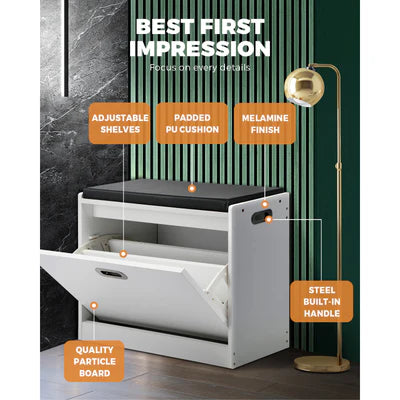 SS-BN-C1-WH Oikiture Shoe Cabinet Bench Shoes Storage Cupboard Footwear Stand White