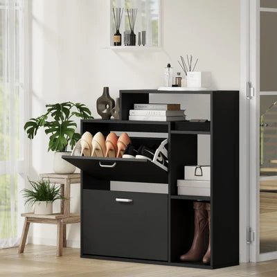 SS-VJ-2ROW-BK Oikiture Shoe Cabinet Storage 2 Doors Shoes Rack Display Wooden Shelves Black