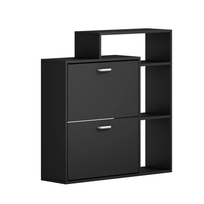 SS-VJ-2ROW-BK Oikiture Shoe Cabinet Storage 2 Doors Shoes Rack Display Wooden Shelves Black